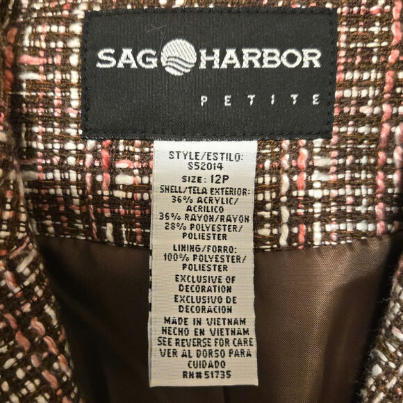 Sz 12P SAG HARBOR Petite Brown Pink Tweed Waist Accent Long Sleeve Blazer - Picture 4 of 10